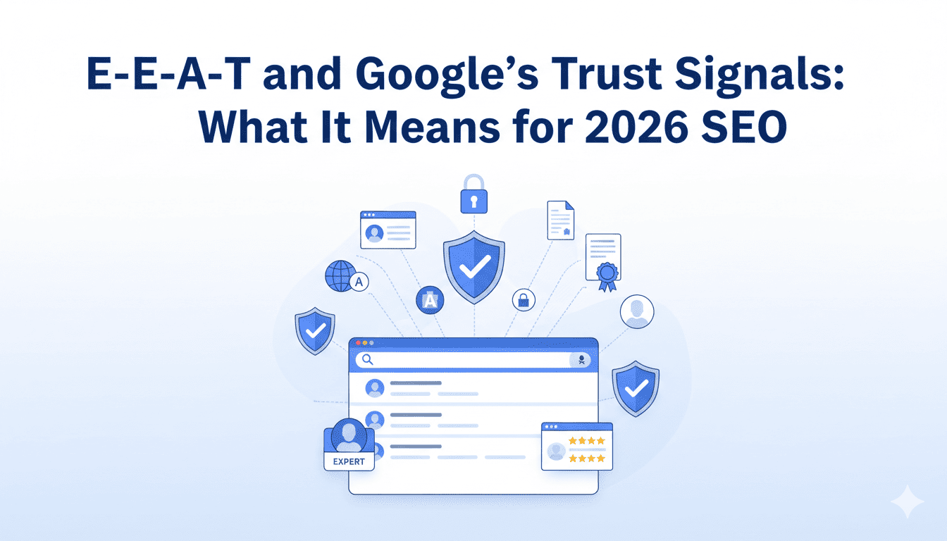 Illustration showing Google E-E-A-T and trust signals influencing SEO rankings in 2026