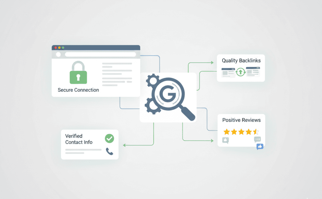 Graphic showing Google trust signals like HTTPS, backlinks, and reviews affecting SEO