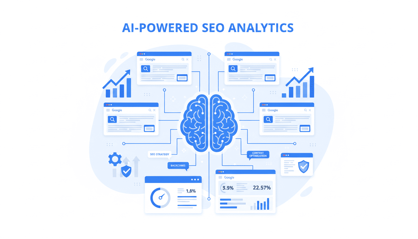 AI-powered SEO illustration showing artificial intelligence improving Google search rankings