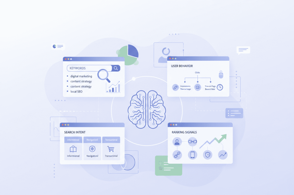 Visual explanation of AI in SEO analyzing keywords and user search behavior