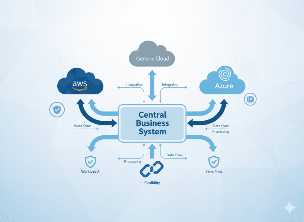 Diagram showing a business using multiple cloud providers for hosting and security