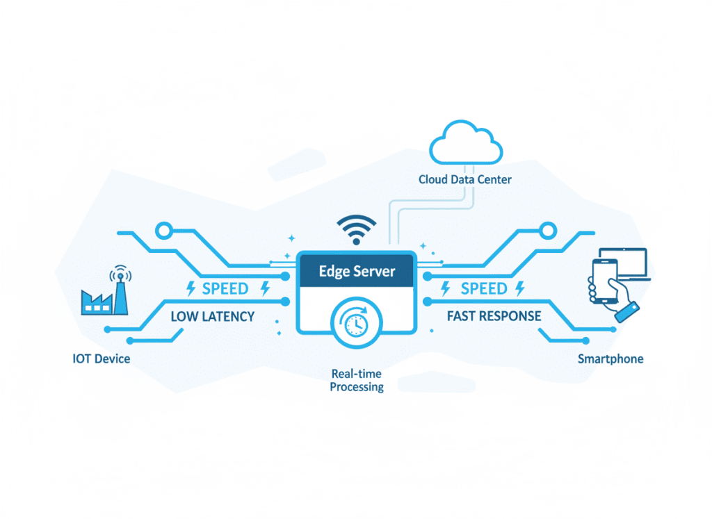 Visual representation of edge computing processing data closer to users for faster performance