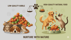 Comparison between low-quality cheap pet food and high-quality nutritious pet food