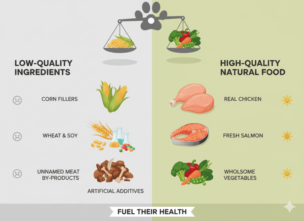 Illustration showing fillers and artificial ingredients commonly found in cheap pet food