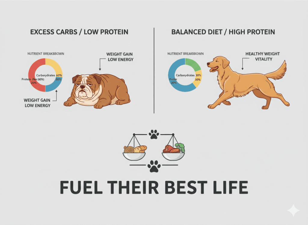 Overweight dog compared to healthy dog showing impact of poor quality pet food