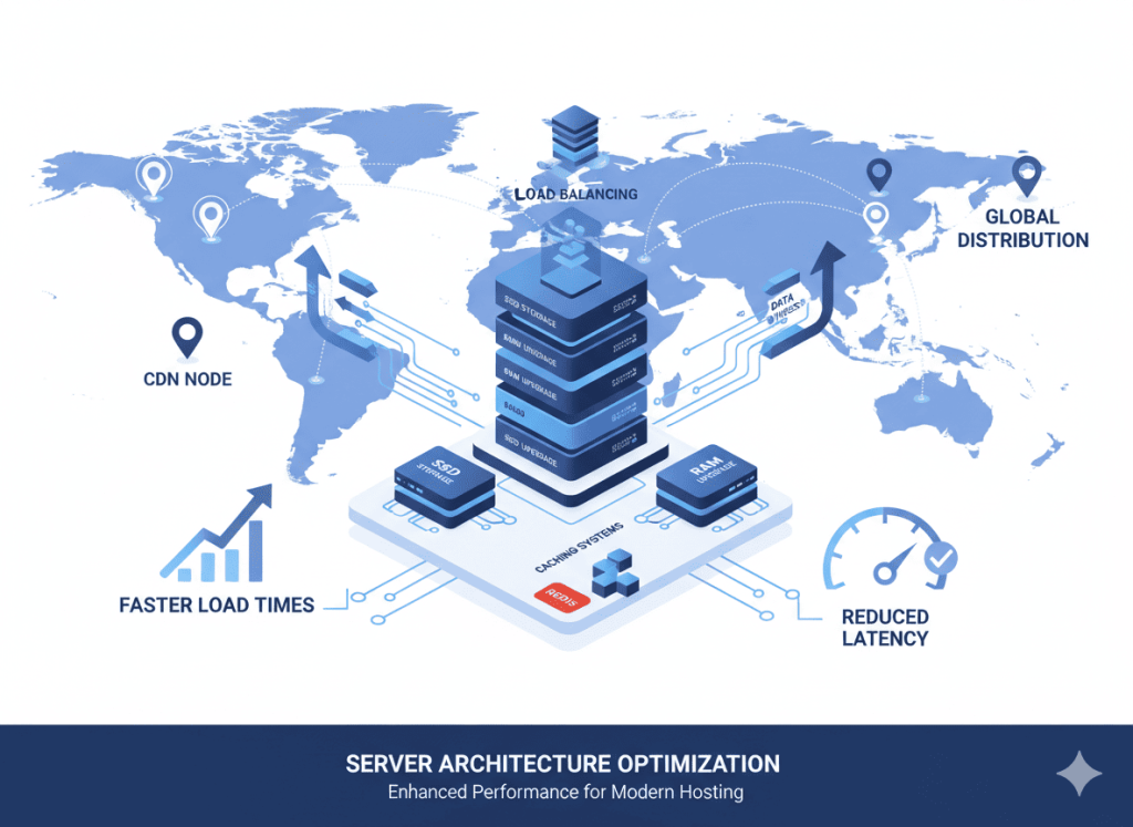 Diagram showing SSD upgrades, load balancing, caching layers, and CDN improving website performance