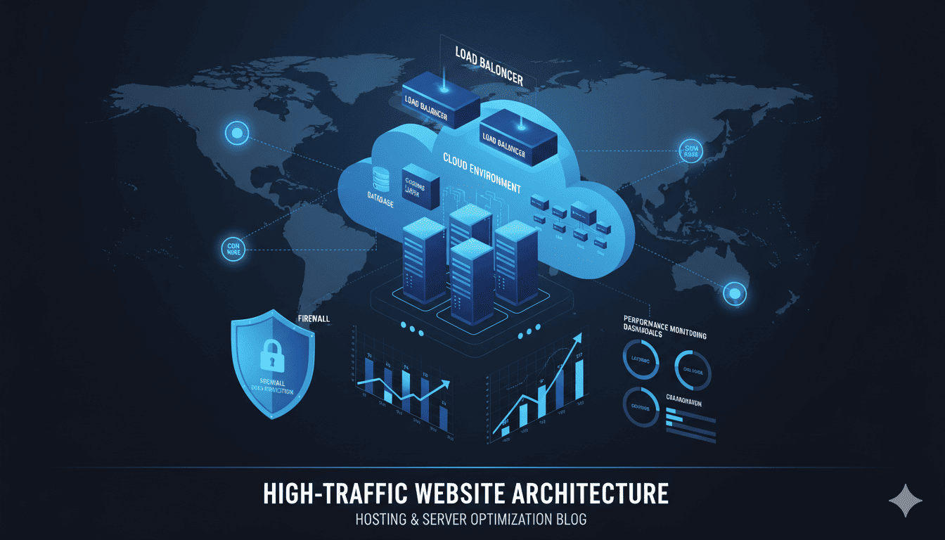 Illustration showing high-traffic website server optimization with load balancing, CDN, caching, and monitoring systems