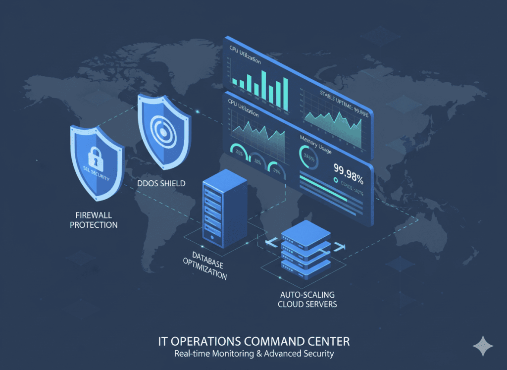 Performance monitoring dashboard with auto-scaling servers and security protection for high-traffic websites