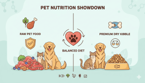 Comparison of raw pet food and commercial kibble showing benefits and risks