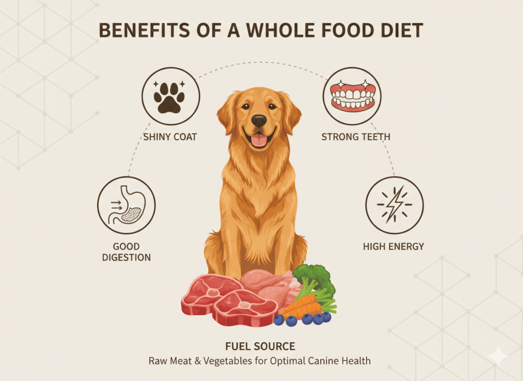 Healthy dog showing improved coat, digestion, and energy from raw feeding
