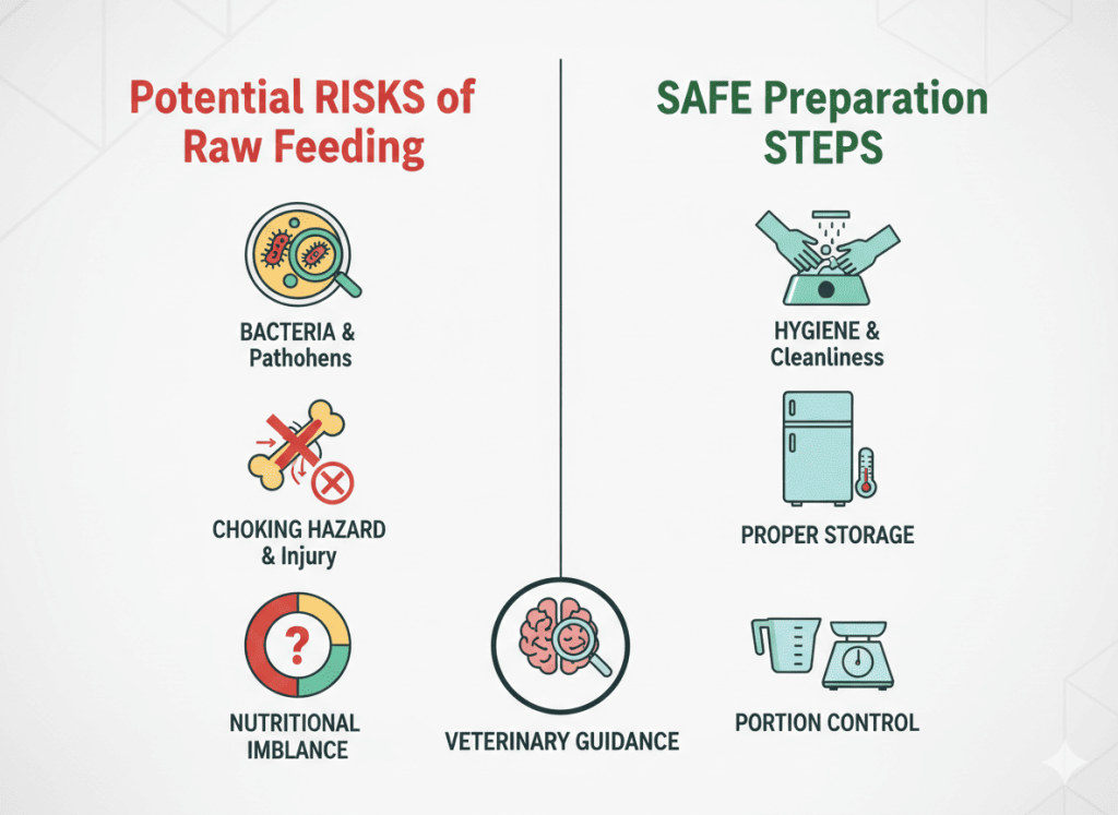 Illustration showing raw feeding risks including bacteria and choking hazards with safety tips