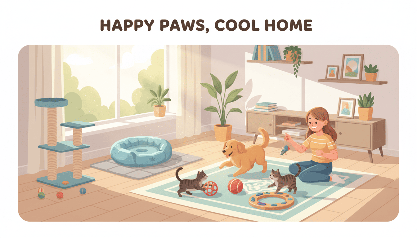 Dog and cat playing indoors with toys and cooling mat during hot weather