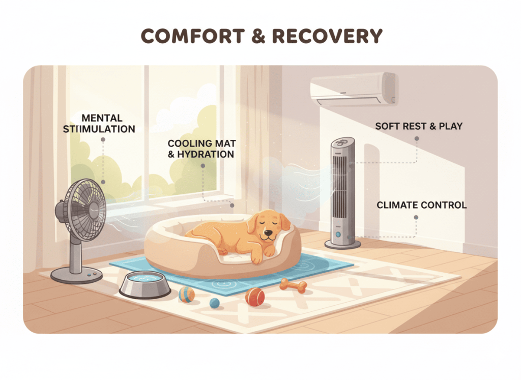 Pet relaxing on cooling mat in safe indoor play space during hot weather