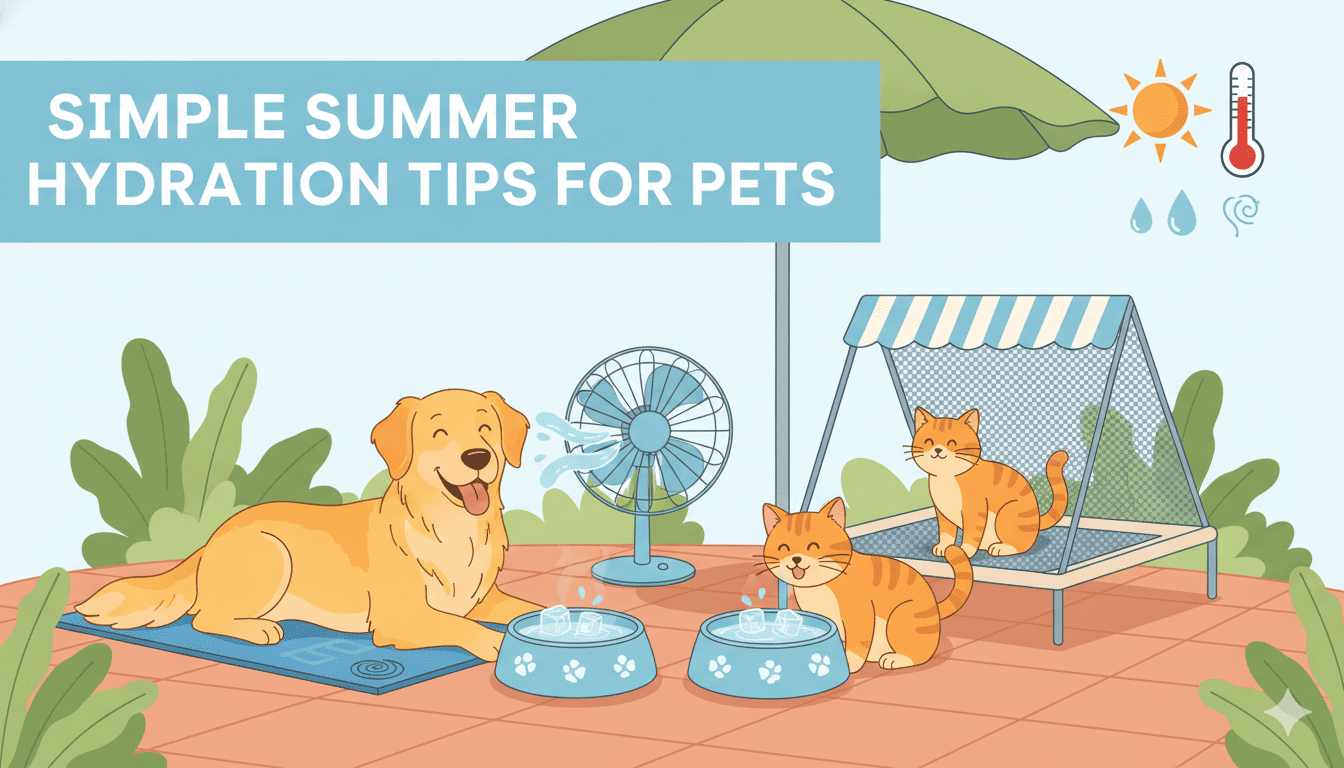 Dog and cat drinking cool water in summer with hydration and cooling products