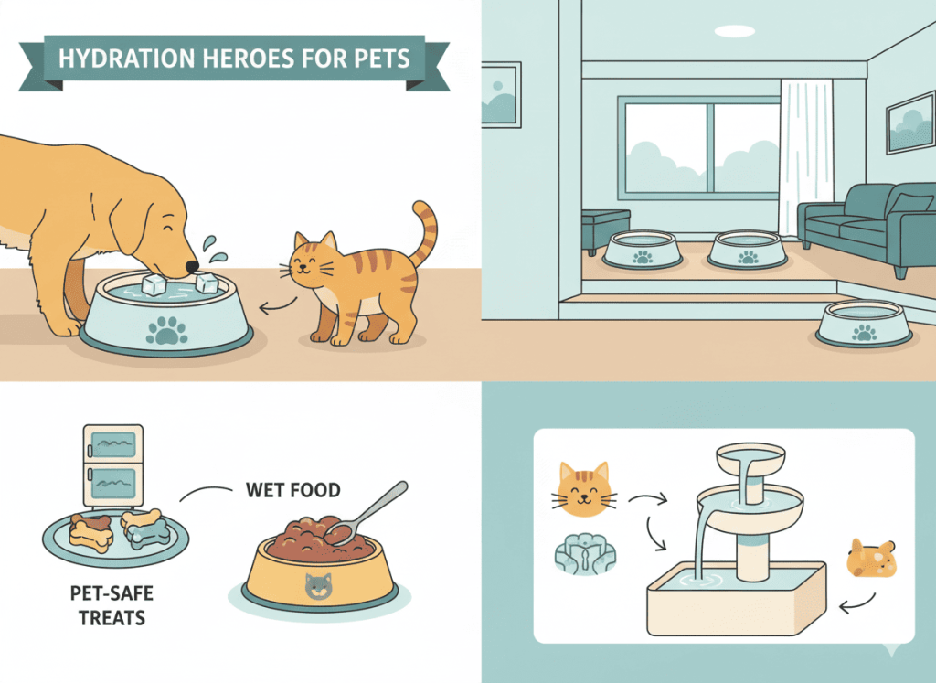 Dog and cat drinking from bowls and fountains with hydration tips for hot weather