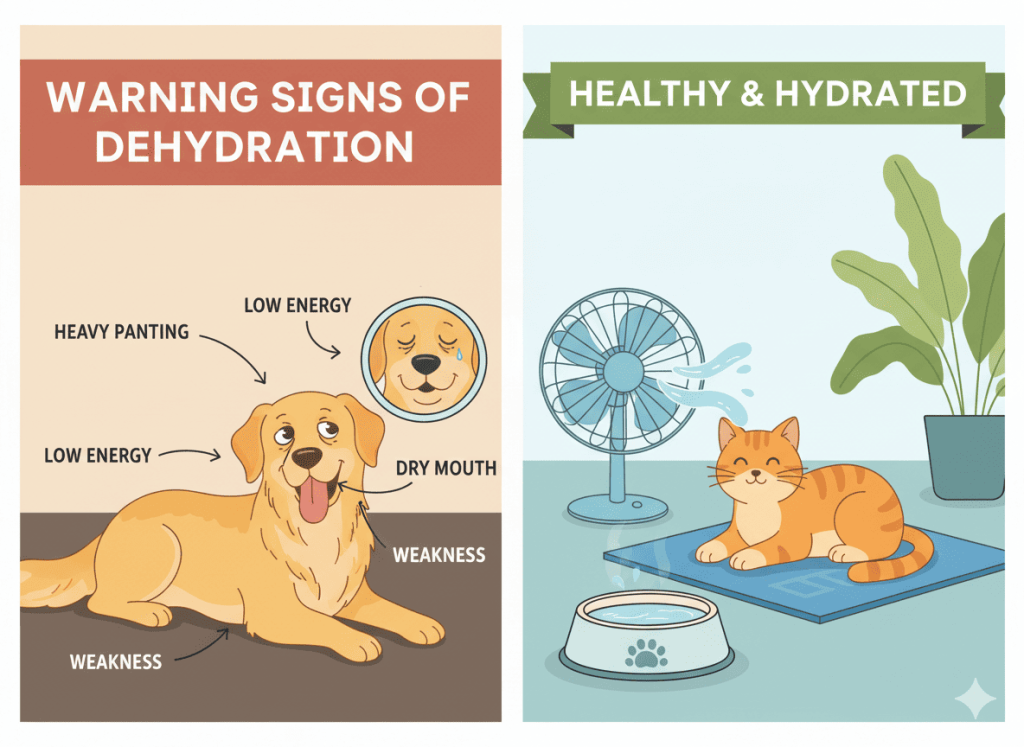 Illustration showing dehydration symptoms in pets and hydration care during hot weather