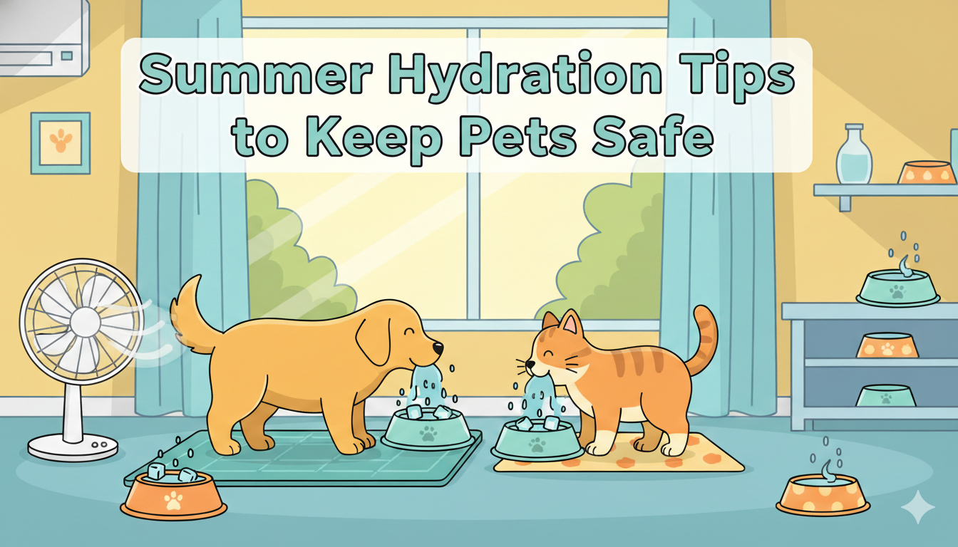 Illustration showing dehydration symptoms in pets and hydration care during hot weather