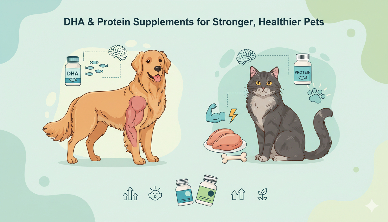 Dog and cat showing brain health and muscle growth with DHA and protein supplements