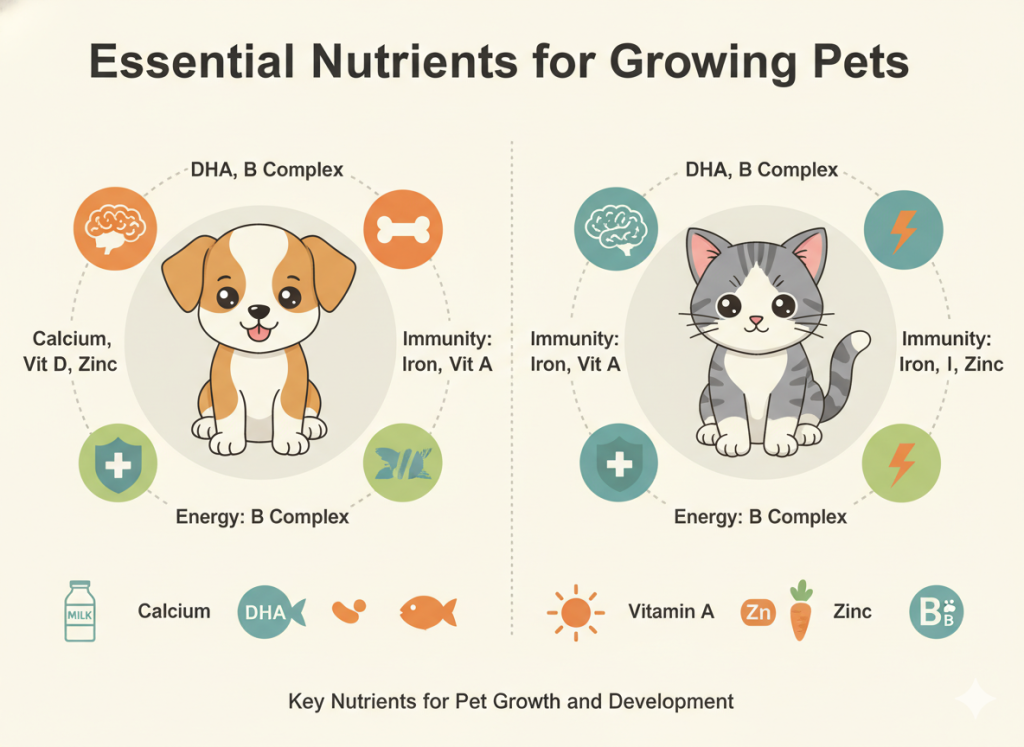 Illustration showing essential nutrients supporting brain, bones, and immunity in pets