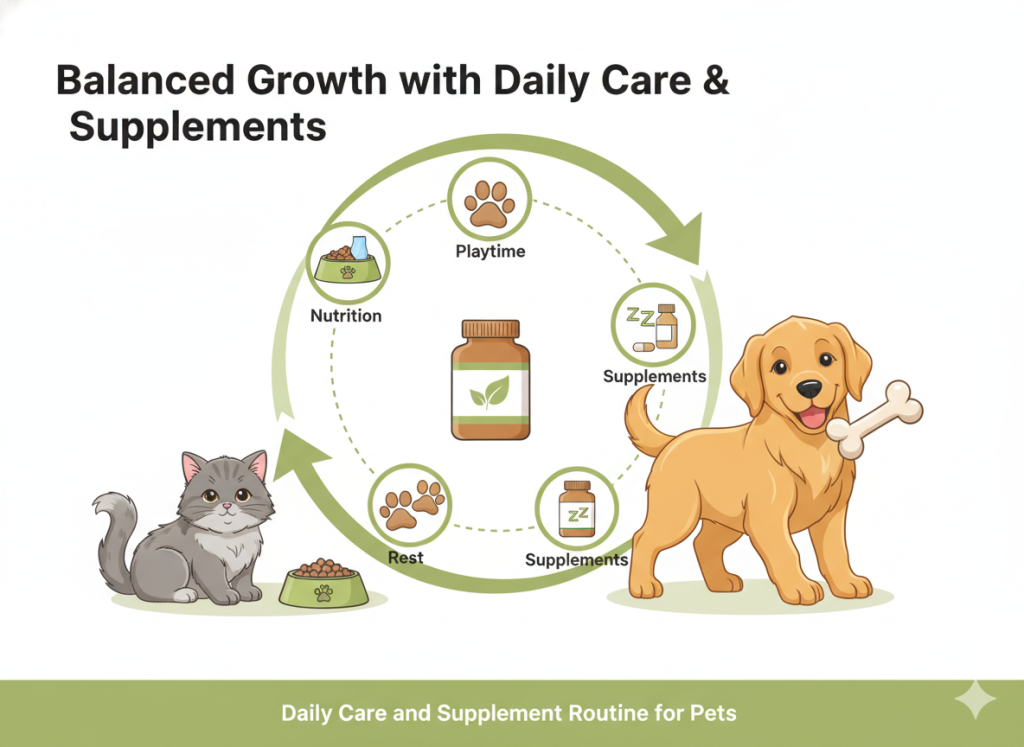 Healthy puppy and kitten with balanced diet, supplements, and daily care routine
