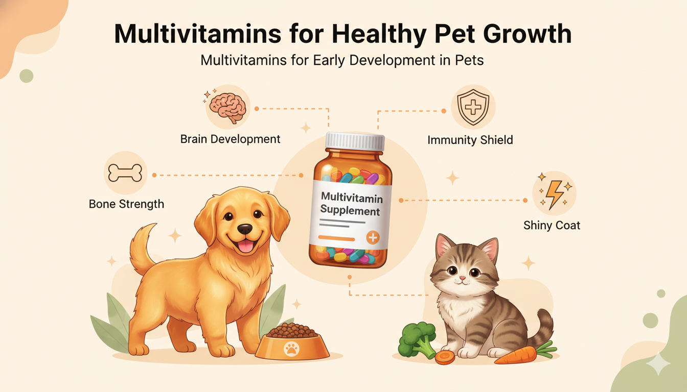 Puppy and kitten showing healthy growth supported by multivitamins and balanced nutrition
