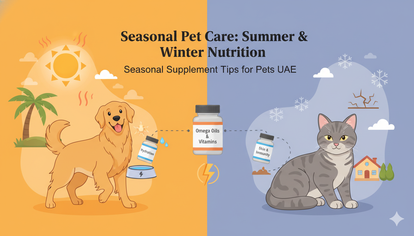 Dog and cat showing summer and winter care with supplements for hydration, skin, and energy