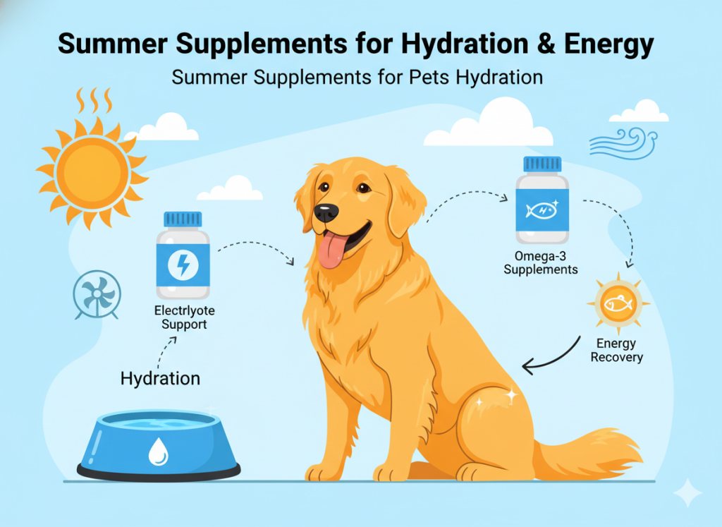 Dog staying hydrated in summer with omega and electrolyte supplements