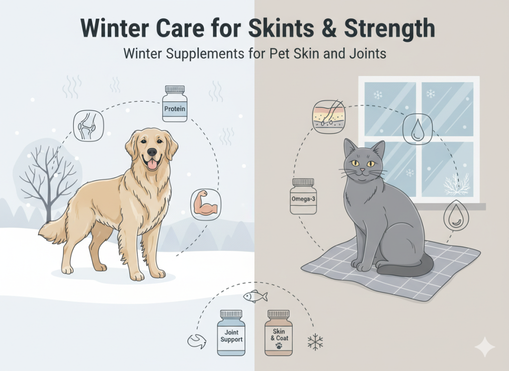 Pets supported with supplements for skin, joints, and strength in winter