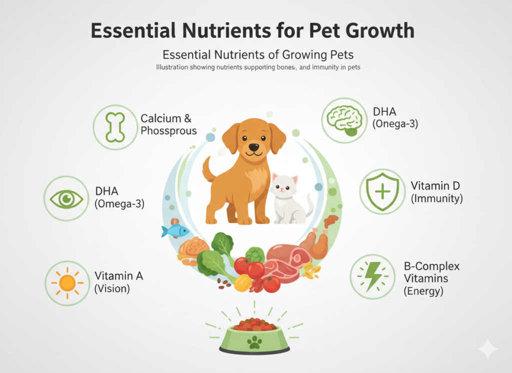 Illustration showing nutrients supporting bones, brain, energy, and immunity in pets