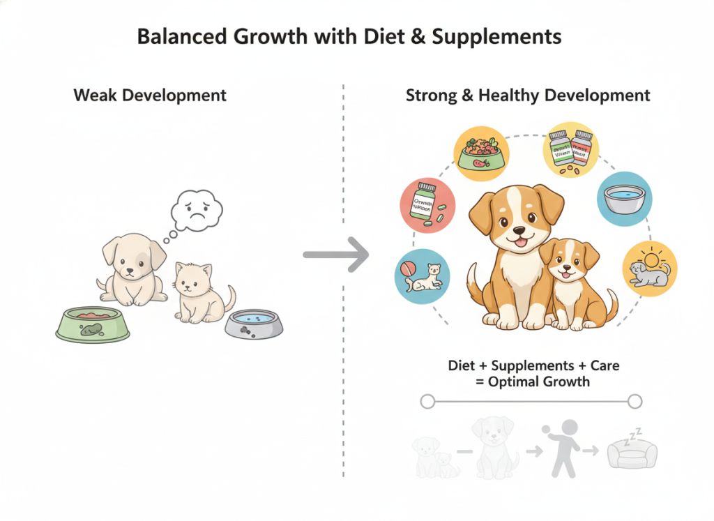 Healthy pets with balanced diet, vitamins, and daily care routine for proper growth