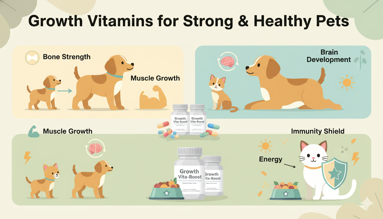 Puppy and kitten showing healthy growth with vitamins supporting bones, muscles, and immunity