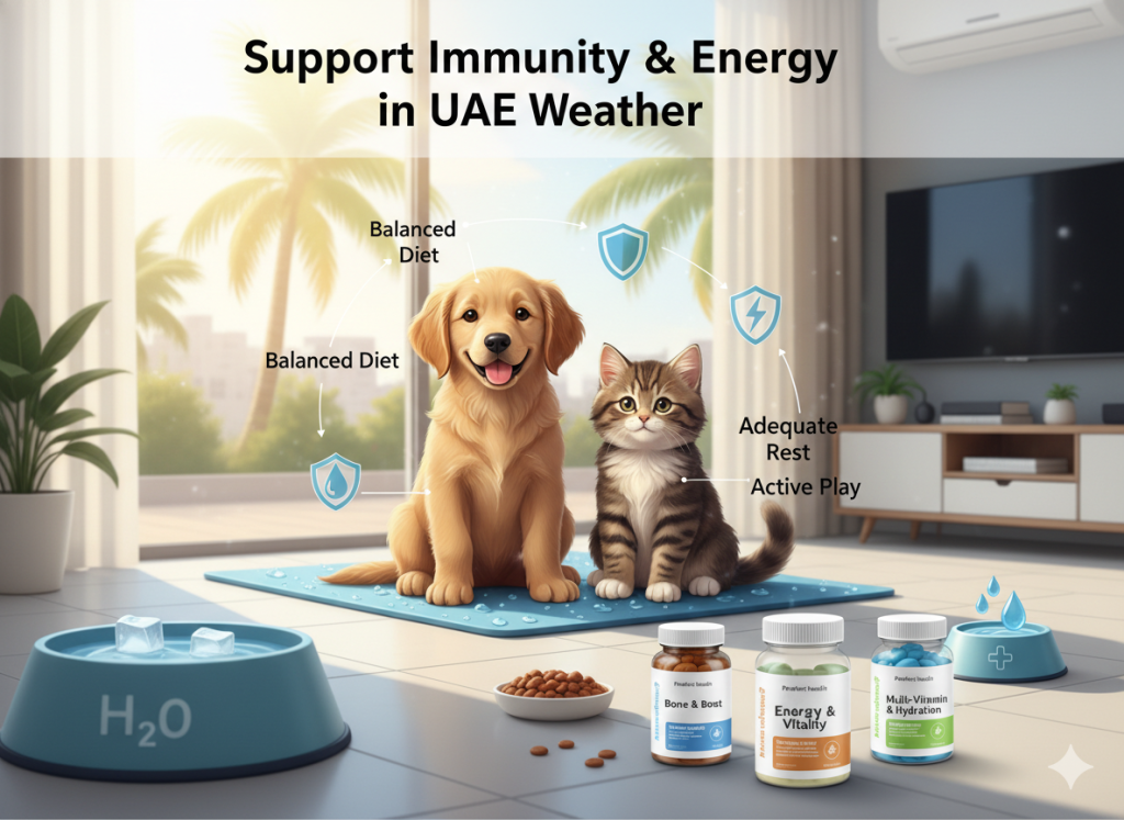 Puppy and kitten staying active and hydrated with supplements and care in hot UAE weather