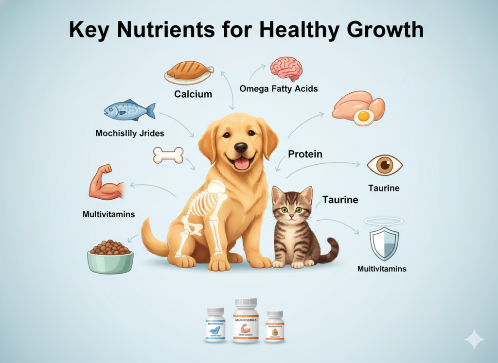 Illustration showing nutrients supporting bones, muscles, brain, and immunity in young pets