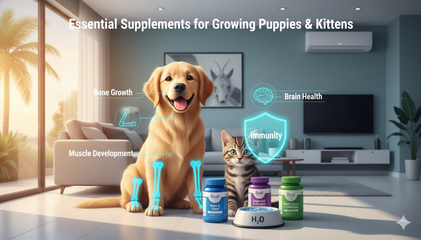Puppy and kitten showing healthy growth with supplements for bones, brain, and immunity in UAE climate