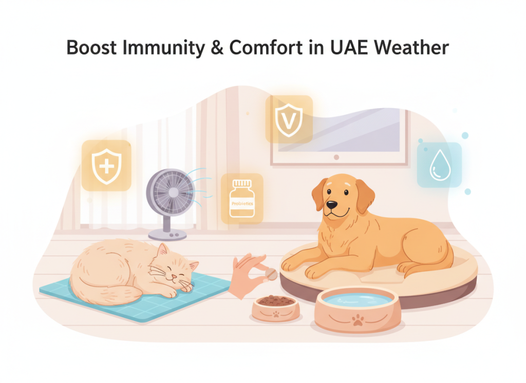 Senior pets supported with immunity supplements and cooling care in UAE environment