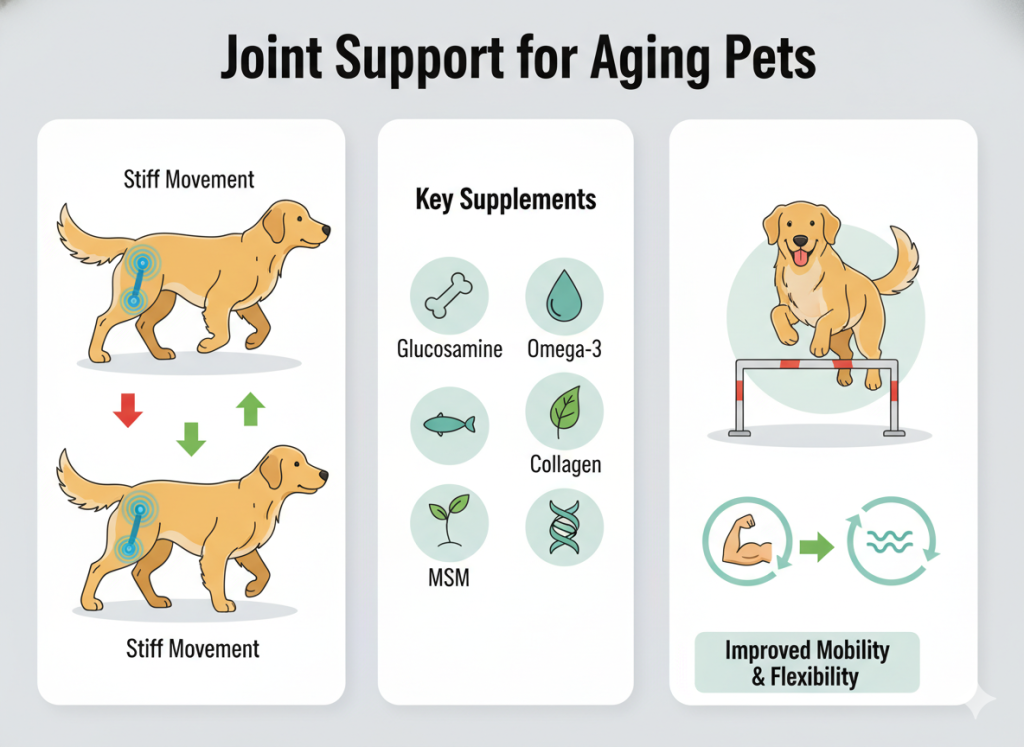Senior dog showing improved joint mobility with supplements like glucosamine and omega-3