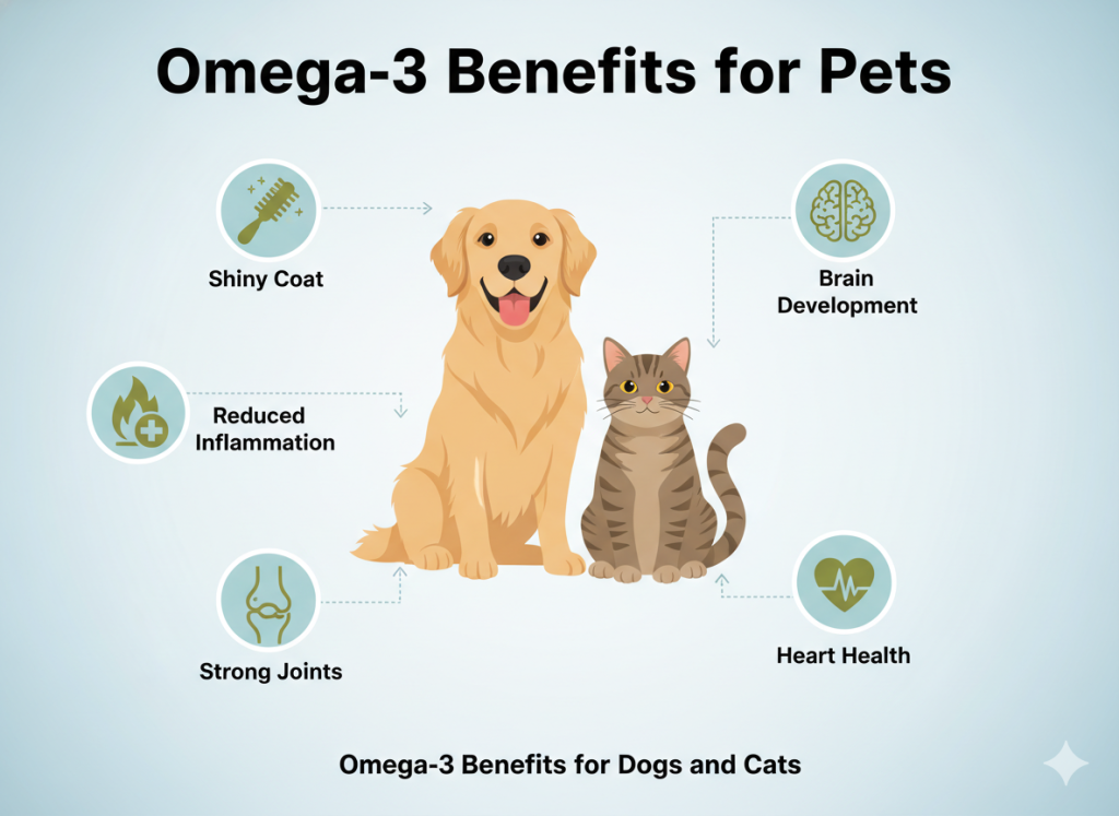 Illustration showing omega-3 improving skin, joints, brain, and heart health in pets