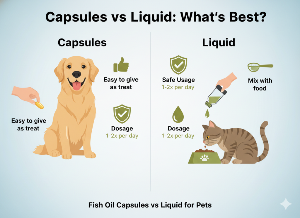 Comparison of fish oil capsules and liquid supplements for pets with feeding methods