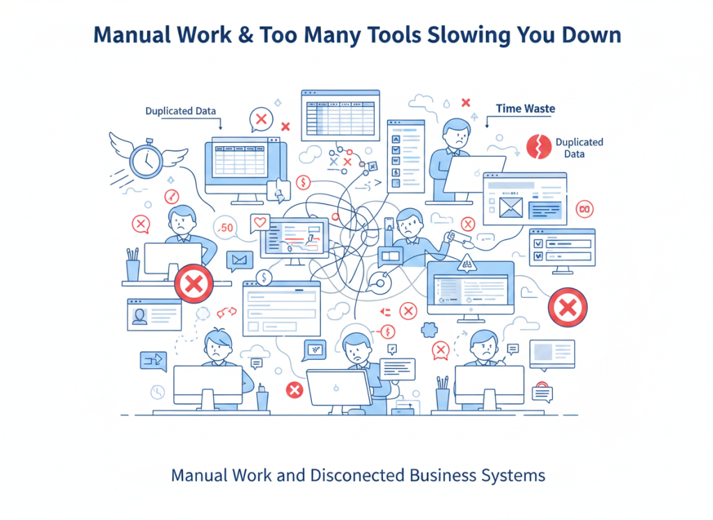Employees managing multiple tools and manual tasks causing inefficiency