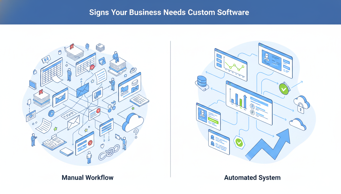 Business workflow transforming from manual processes to automated custom software system