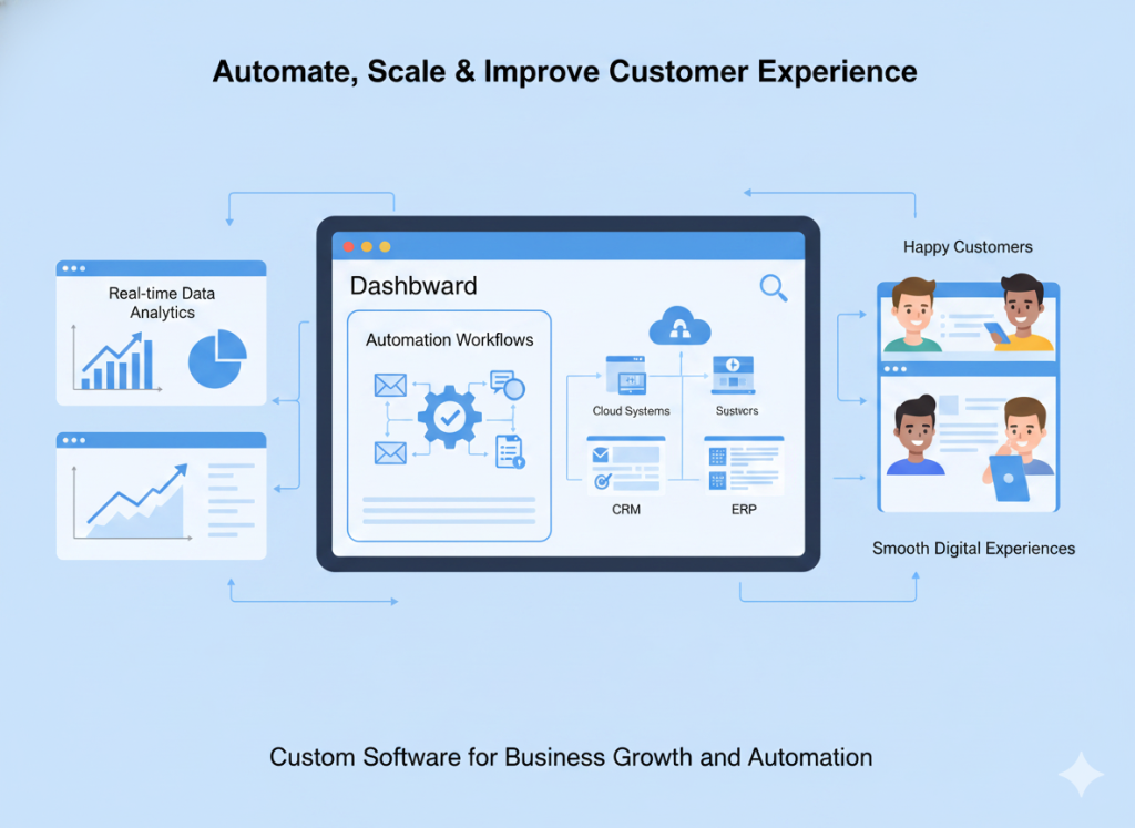 Custom software dashboard showing automation, data insights, and improved customer experience